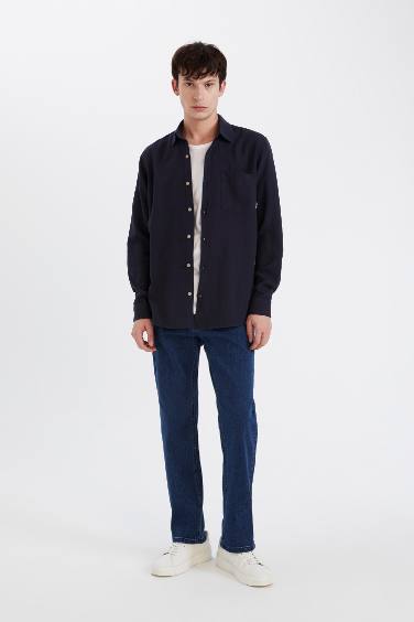 Классическая посадка, базовая хлопковая рубашка с длинными рукавами, вид льна