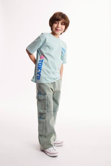 Erkek Çocuk Beli Lastikli Kargo Cepli Düz Paça Jean Pantolon