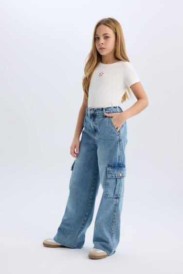 Girl Wide Leg Cotton Cargo Jeans