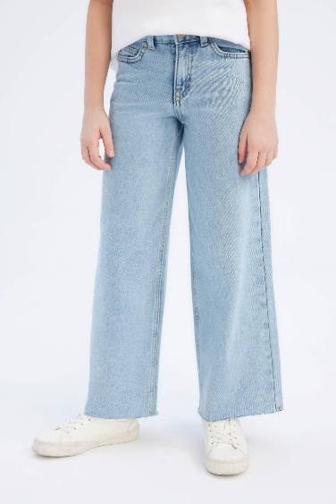 بنطلون جينز بناتي وايد ليج برجل واسع