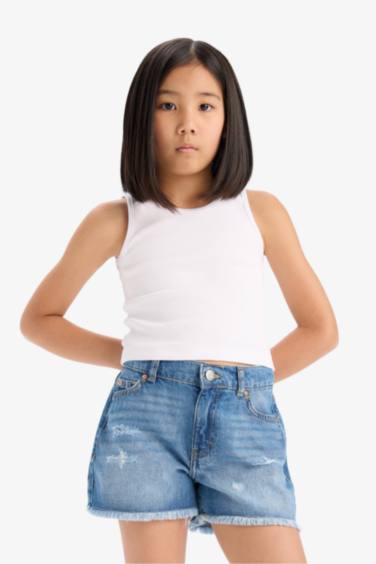 Girl Ripped Detailed Cotton Denim Shorts