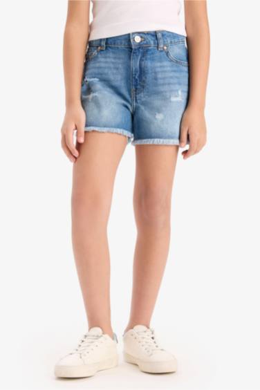 Girl Ripped Detailed Cotton Denim Shorts