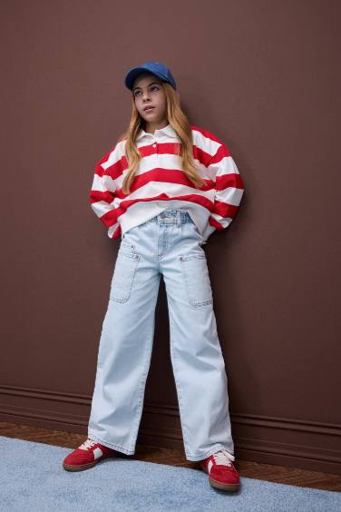 Girl Paperbag Cargo Wide Leg Cotton Trousers