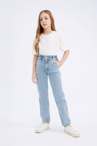 بنطرون جينز بناتي قطن بيبرباج بجيب