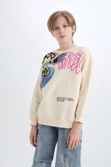 Boy Oversize Fit Crew Neck Printed Thick Sweatshirt