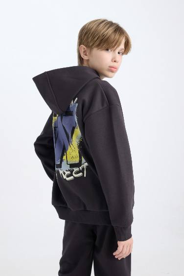 Boy Oversize Fit Mold Back Printed Hooded Sweatshirt