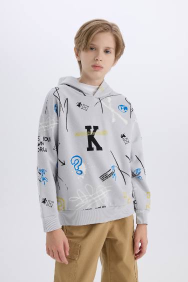 Boy Oversize Fit Pattern Hooded Patterned Thick Sweatshirt