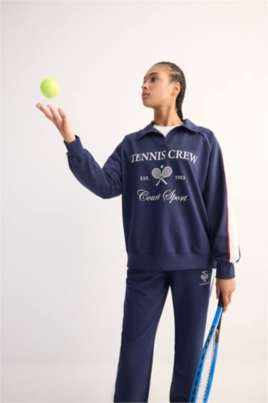 DeFactoFit Oversize Fit Polo Neck Printed Sports Sweatshirt