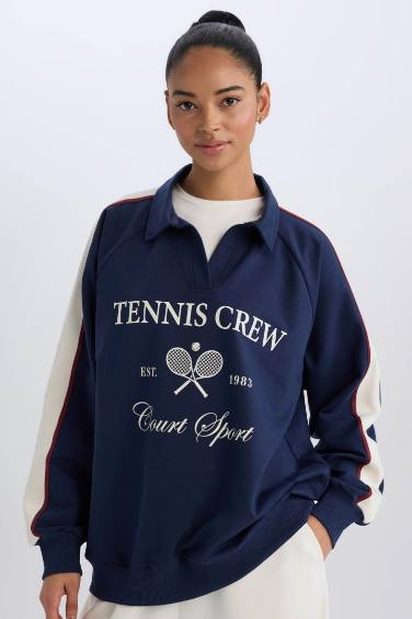 DeFactoFit Oversize Fit Polo Neck Printed Sports Sweatshirt