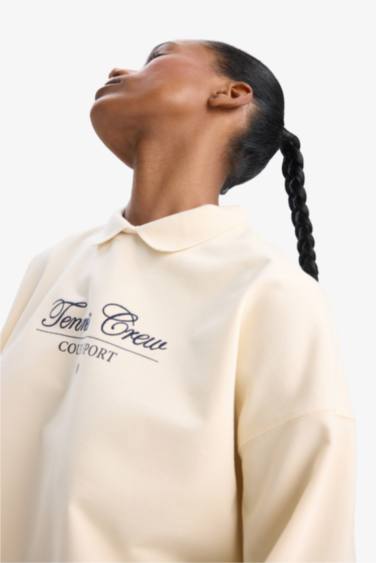 DeFactoFit Oversize Fit Polo Collar Slogan Printed Sports Sweatshirt