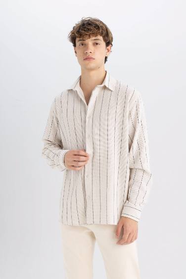 Relax Fit Striped Cotton Blend Long Sleeve Shirt