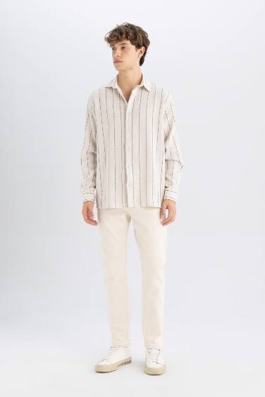 Relax Fit Çizgili Pamuk Karışımlı Uzun Kollu Gömlek
