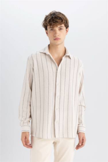 Relax Fit Çizgili Pamuk Karışımlı Uzun Kollu Gömlek