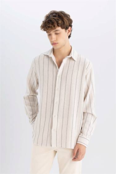 Relax Fit Çizgili Pamuk Karışımlı Uzun Kollu Gömlek