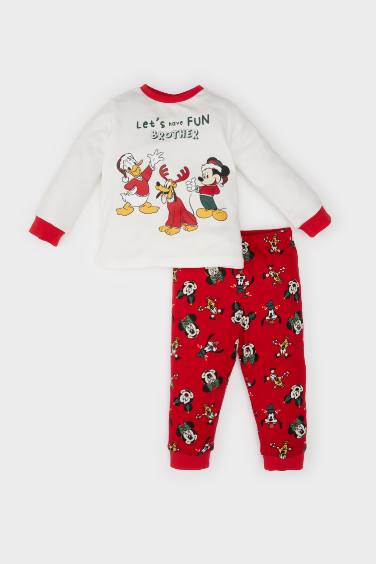 Erkek Bebek Disney Mickey & Minnie Yılbaşı Temalı Pijama Takımı Bisiklet Yaka Uzun Kollu Üst Beli Lastikli Uzun Alt