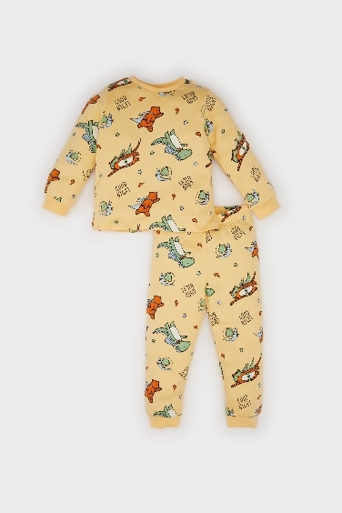 Erkek Bebek Pijama Takımı Bisiklet Yaka Dinazor Baskılı Uzun Kollu Üst Beli Lastikli Uzun Alt