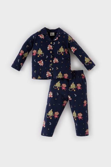 Erkek Bebek Pijama Takımı Yılbaşı Temalı Uzun Kollu Üst Beli Lastikli Uzun Alt