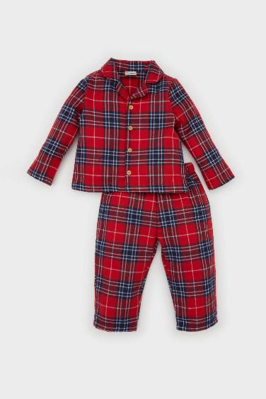 Erkek Bebek Yılbaşı Temalı Dokuma Pijama Pijama Takımı Kareli Uzun Kollu Flanel Üst Beli Lastikli Uzun Alt