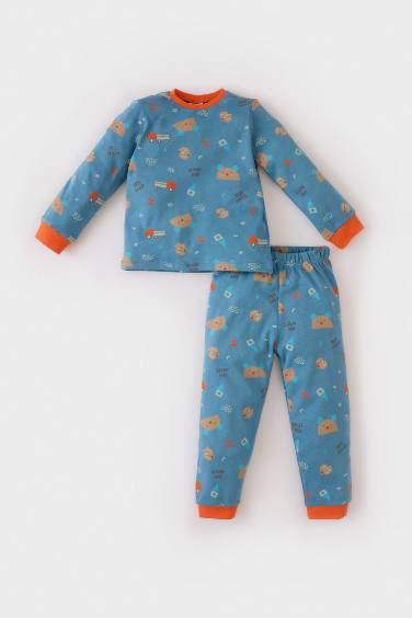 Erkek Bebek Pijama Takımı Bisiklet Yaka Ayı Baskılı Uzun Kollu Üst Beli Lastikli Uzun Alt