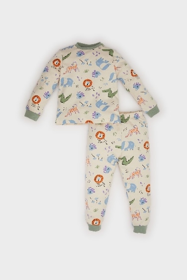 Erkek Bebek Pijama Takımı Safari Baskılı Bisiklet Yaka Uzun Kollu Üst Beli Lastikli Uzun Alt 