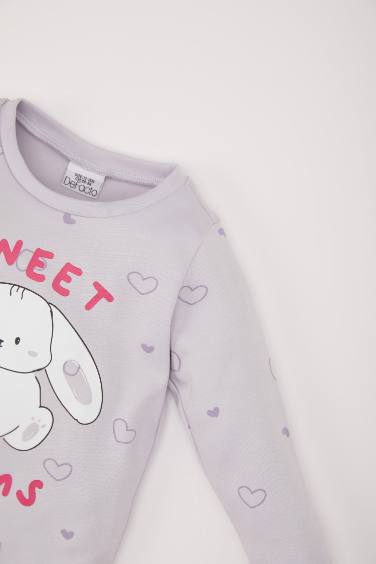 Kız Bebek Pijama Takımı Tavşan Baskılı Uzun Kollu Üst Beli Lastikli Uzun Alt