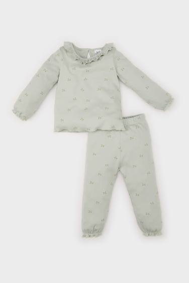 Kız Bebek Pijama Takımı Fırfırlı Yaka Desenli Uzun Kollu Üst Beli Lastikli Alt