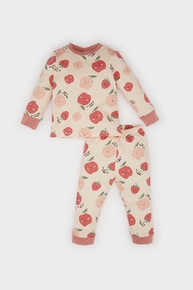 Kız Bebek Pijama Takımı Bisiklet Yaka Meyve Desenli Uzun Kollu Üst Beli Lastikli Uzun Alt