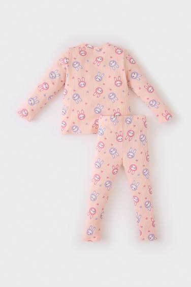 Baby Girl Corduroy Rabbit Printed Top Bottom 2 Piece Pajama Set