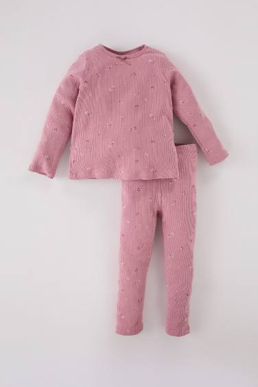 Kız Bebek Pijama Takımı Yıldız Desenli Fitilli Kaşkorse Bisiklet Yaka Uzun Kollu Üst Uzun Alt