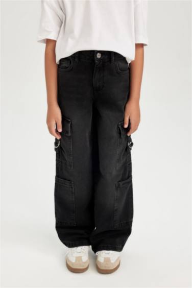 Wide Leg Kargo Cepli Geniş Bol Paça Antrasit Jean Pantolon Kız Çocuk