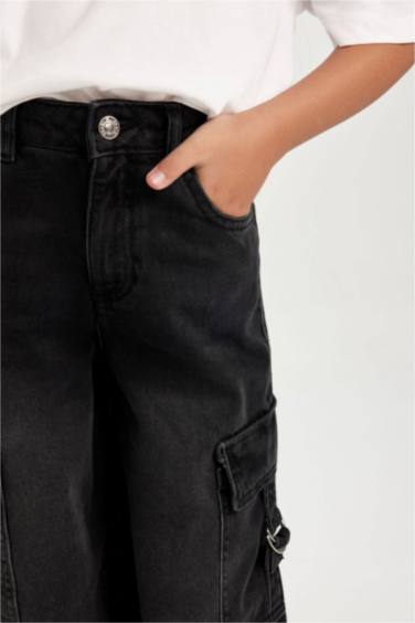 Wide Leg Kargo Cepli Geniş Bol Paça Antrasit Jean Pantolon Kız Çocuk