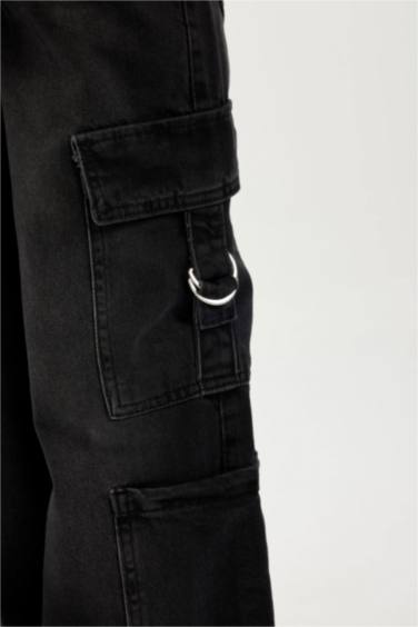 Wide Leg Kargo Cepli Geniş Bol Paça Antrasit Jean Pantolon Kız Çocuk