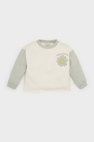 Baby Girl Crew Neck Floral Soft Furry Inside Sweatshirt