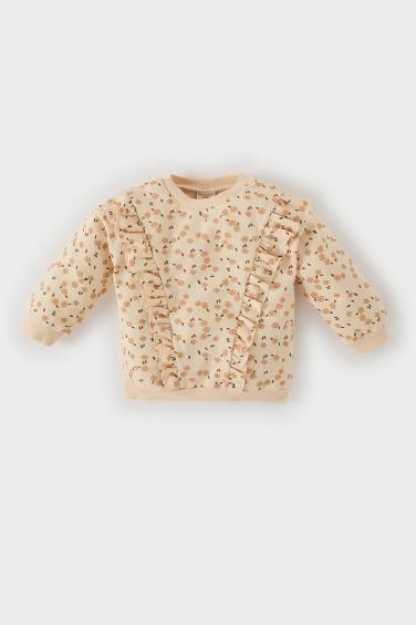 Baby Girl Crew Neck Floral Patterned Soft Furry Sweatshirt