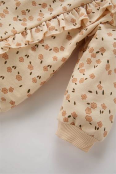 Baby Girl Crew Neck Floral Patterned Soft Furry Sweatshirt