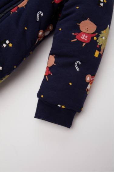 Erkek Bebek Yenidoğan Yılbaşı Temalı Penye Fermuarlı Uzun Kollu Uyku Tulumu