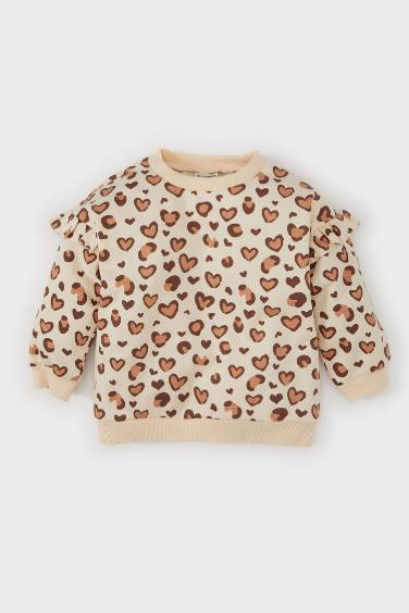 Kız Bebek Bisiklet Yaka Leopar Desenli İçi Yumuşak Tüylü Sweatshirt