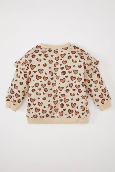 Baby Girl Crew Neck Leopard Patterned Inside Sweatshirt