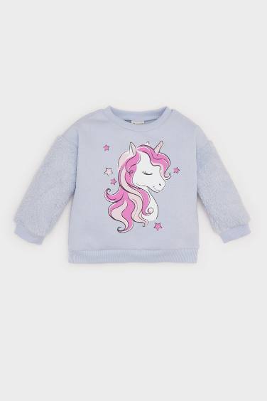 Baby Girl Crew Neck Unicorn Printed Soft Furry Inside Sweatshirt