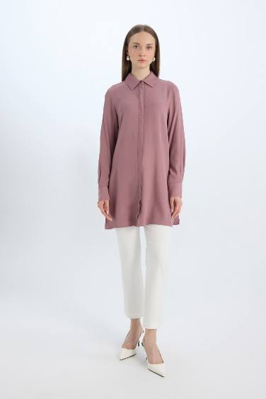 قميص طويل سادة بيزك قصة مريحة ردن طويل برباط من الجنب