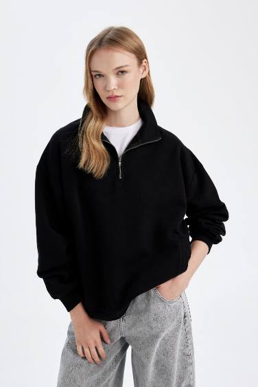 Siyah Oversize Fit Geniş Kalıp Fermuarlı Dik Yaka Cepli Basic Düz Kalın Sweatshirt