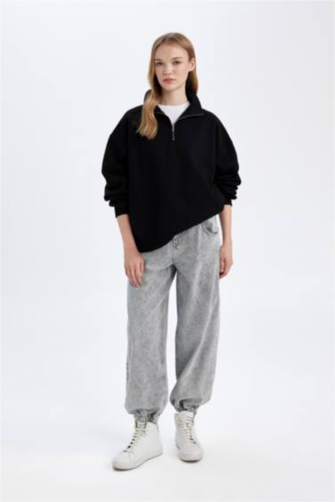 Oversize Geniş Kalıp Fermuarlı Dik Yaka Cepli Basic Düz Kalın Siyah Sweatshirt