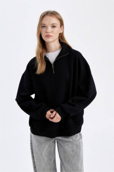 Oversize Geniş Kalıp Fermuarlı Dik Yaka Cepli Basic Düz Kalın Siyah Sweatshirt