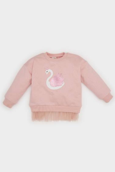 Baby Girl Crew Neck Printed Soft Furry Inside Sweatshirt