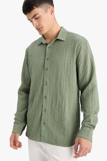 Modern Fit Polo Neck Woven Long Sleeve Shirt