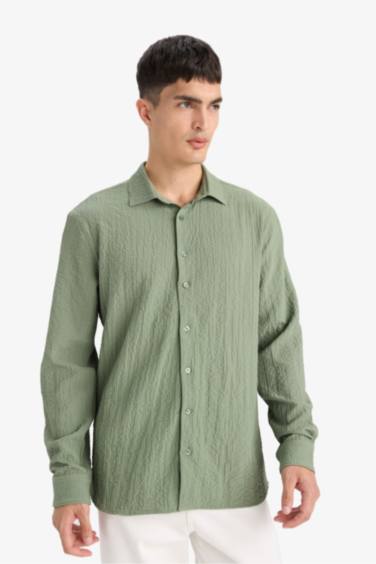 Modern Fit Polo Neck Woven Long Sleeve Shirt