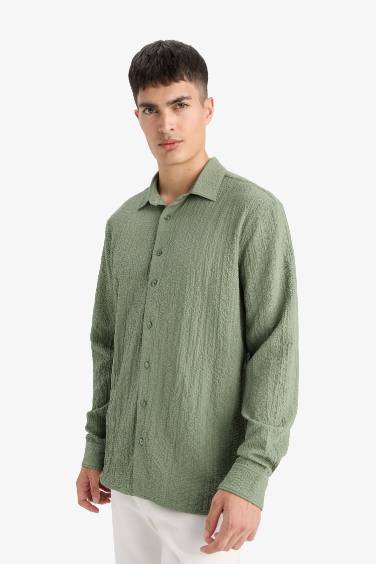 Modern Fit Polo Neck Woven Long Sleeve Shirt