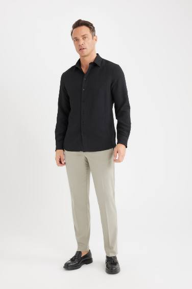 Modern Fit Polo Collar Woven Long Sleeve Shirt