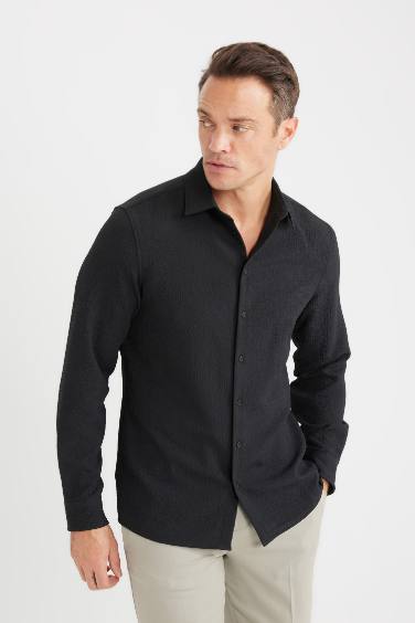 Modern Fit Polo Collar Woven Long Sleeve Shirt
