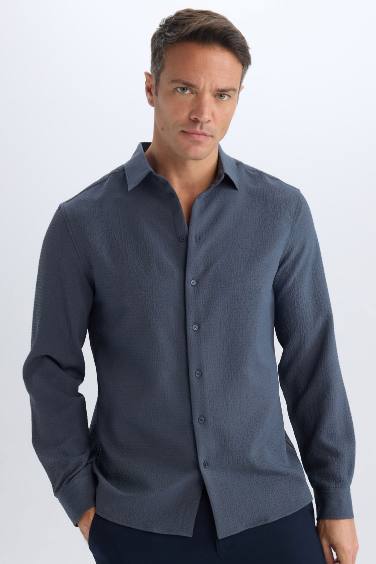 Modern Fit Polo Collar Woven Long Sleeve Shirt